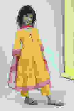 Yellow Cotton Printed Tiered Suit Set image number 5