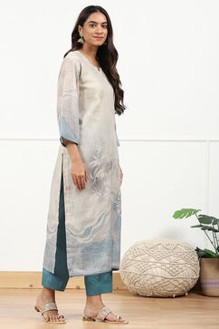 Teal Linen Printed  Embroidered Unstitched Suit Set image number 6
