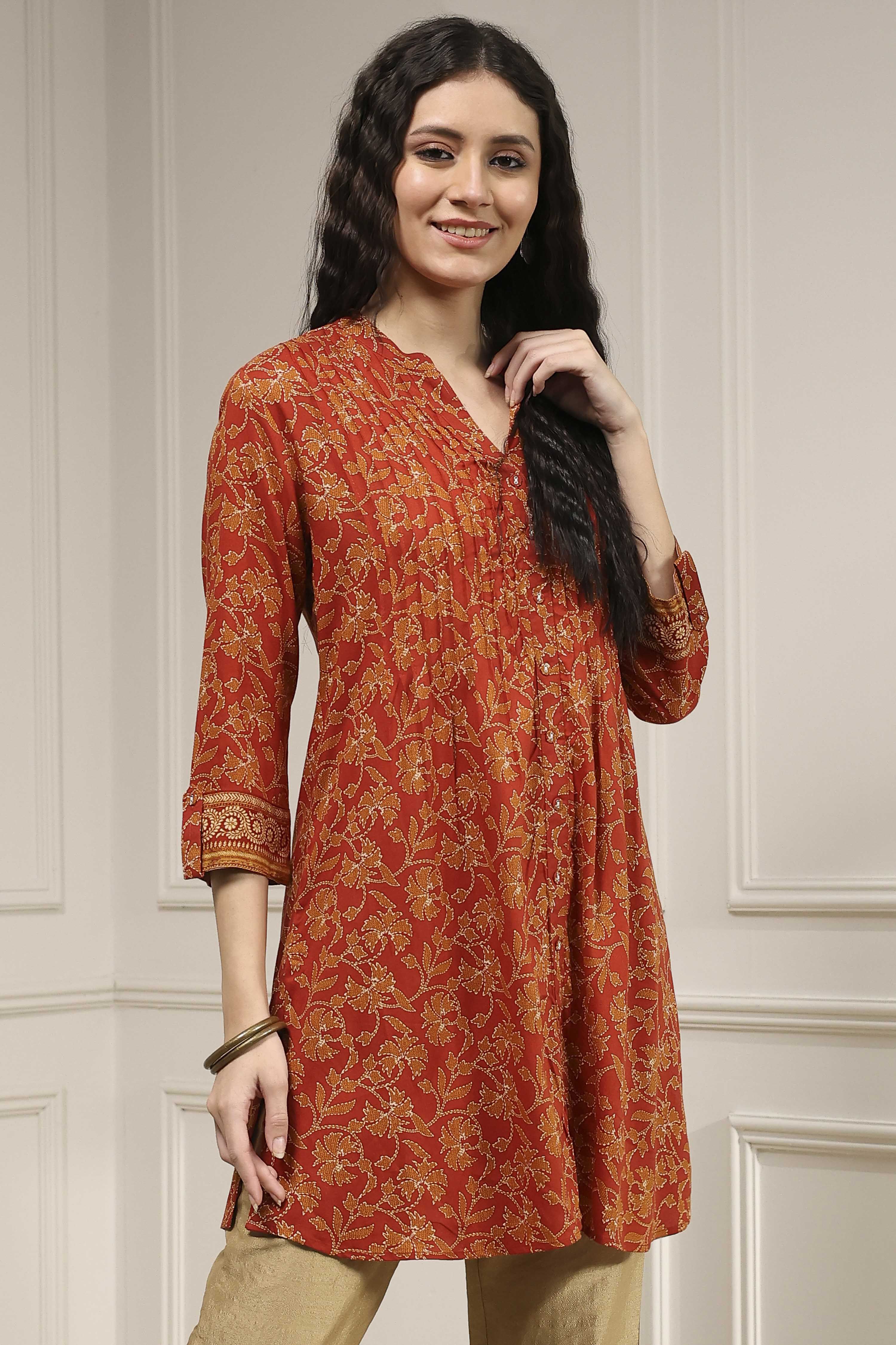 Rust Viscose Rayon Relaxed Printed Shirt image number 4