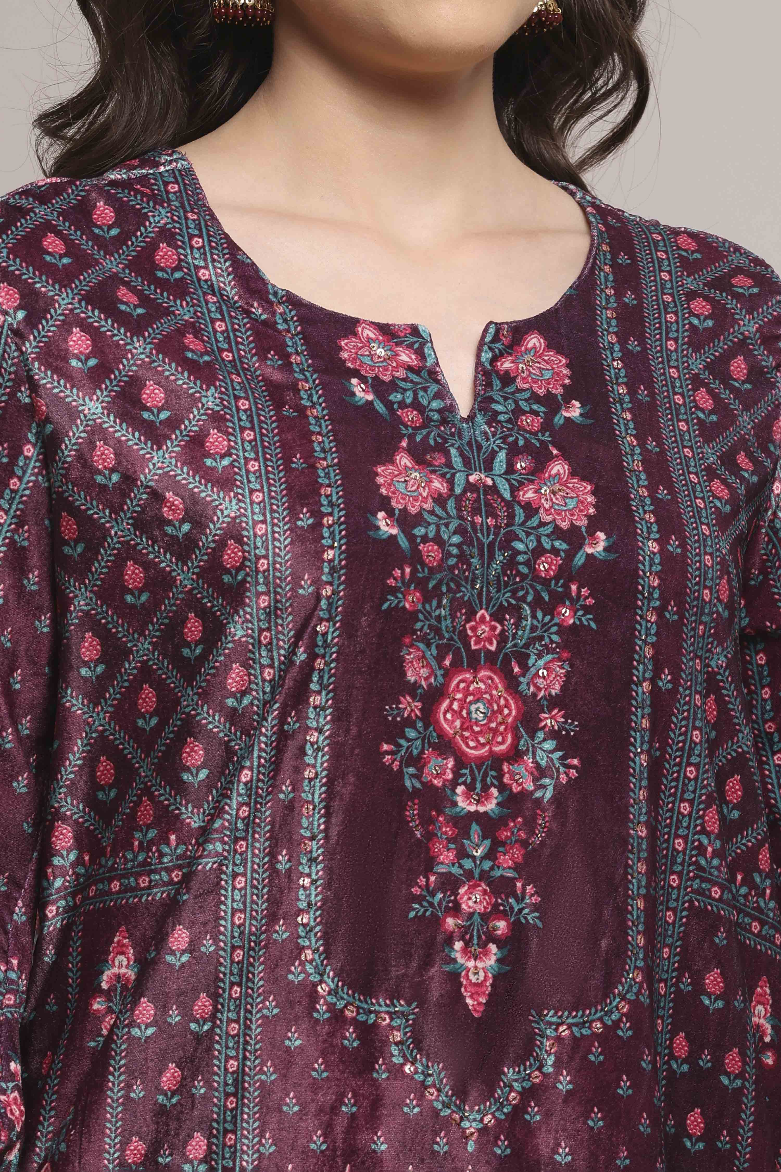 Plum Velvet Printed Straight Winter Suit Set image number 1