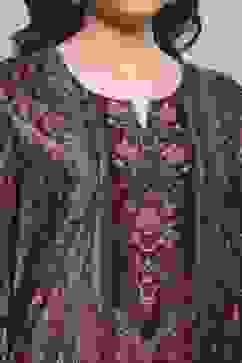 Plum Velvet Printed Straight Winter Suit Set image number 1