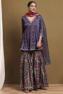 Navy Blue Viscose Floral Peplum Suit Set image number 7