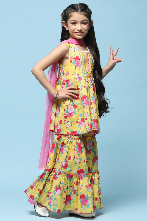 Yellow Cotton Peplum Kurta With Sharara & Net Dupatta image number 6