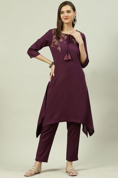 Purple Solid Asymmetric Kurta Slim Pants Suit Set image number 6