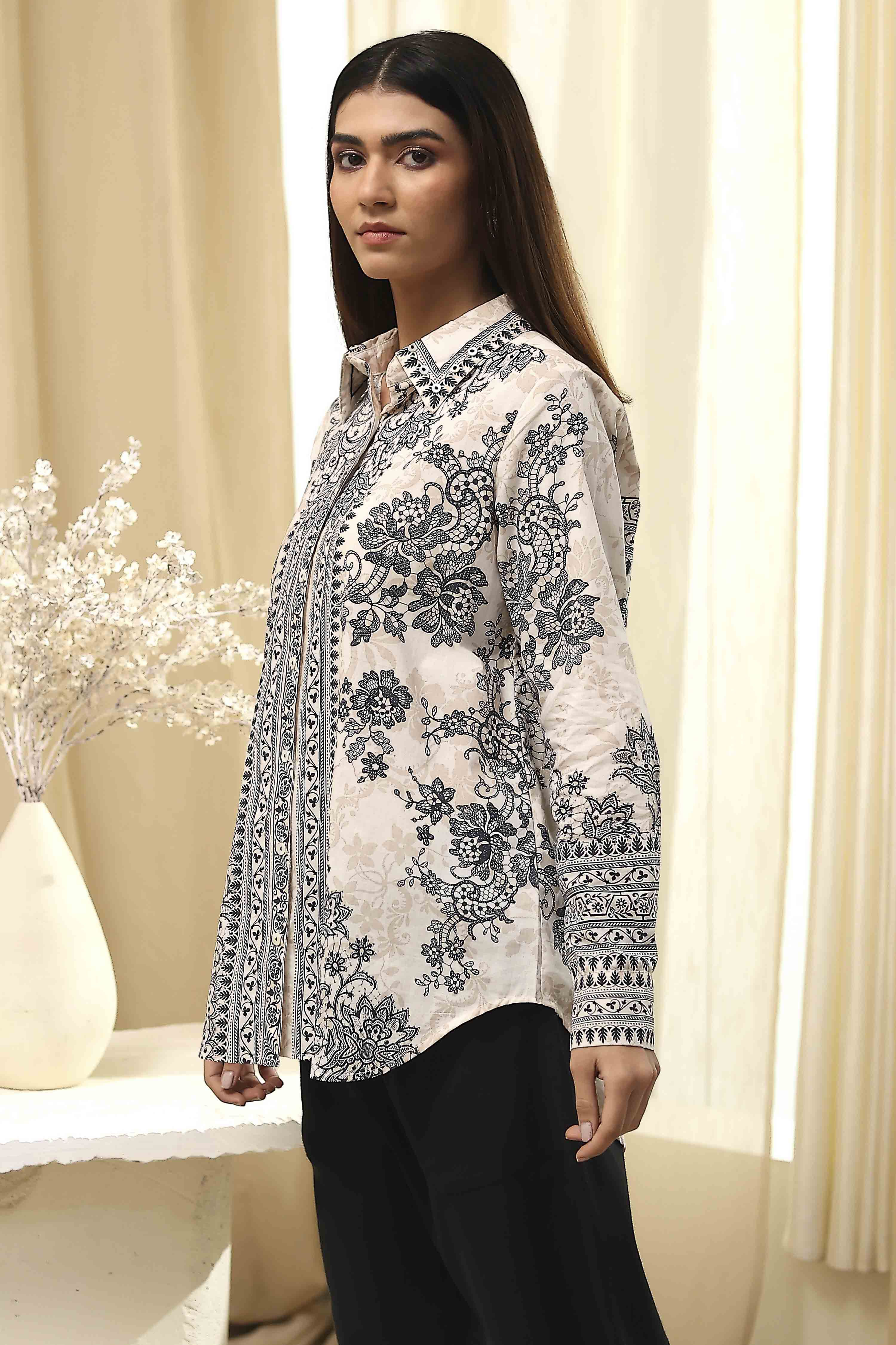 Off-White and Black Cotton Printed Straight Shirt image number 1