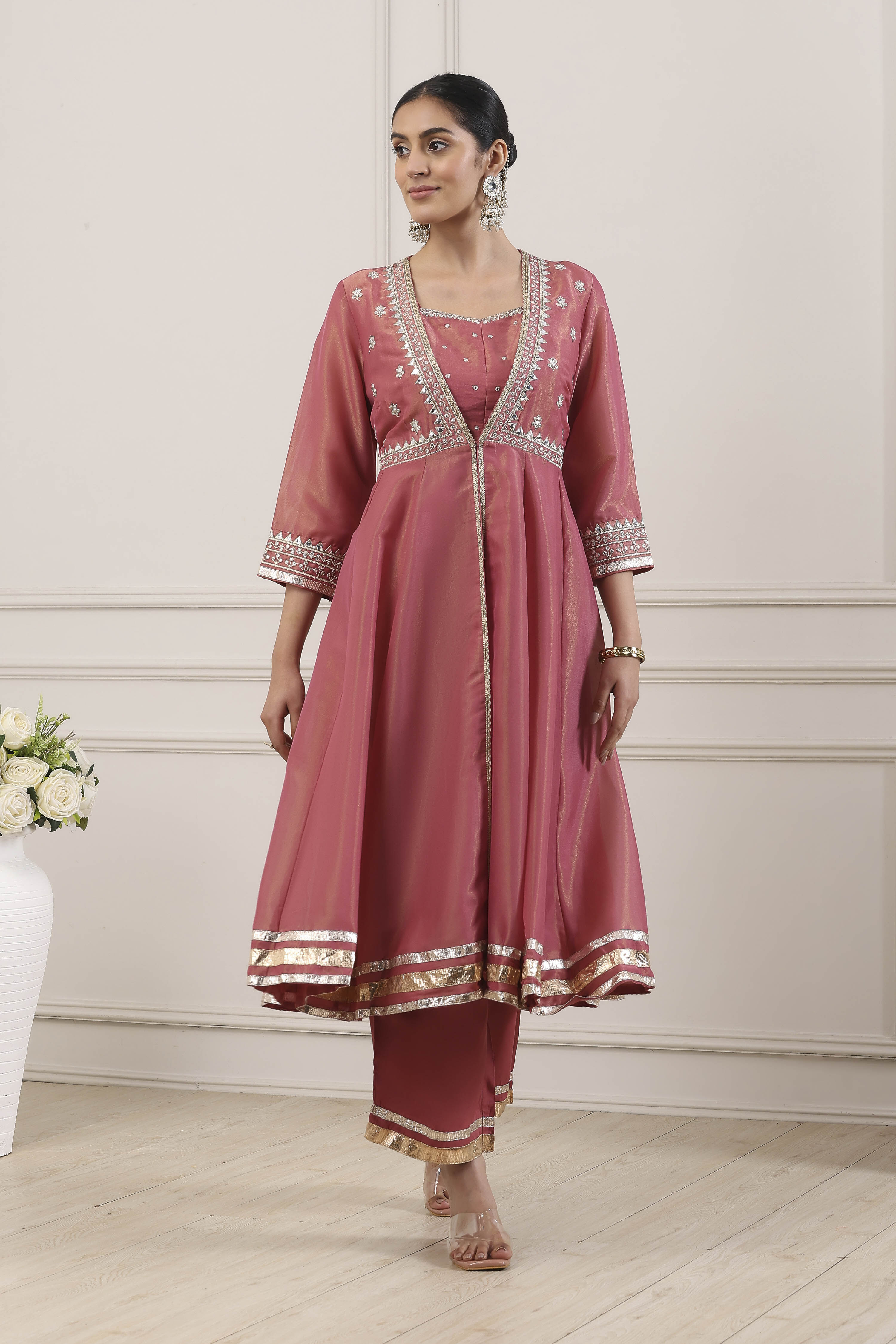 Pink Poly Tissue Anarkali Suit Set image number 7