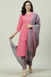 Pink Cotton Screen Print Unstitched Suit Set image number 0