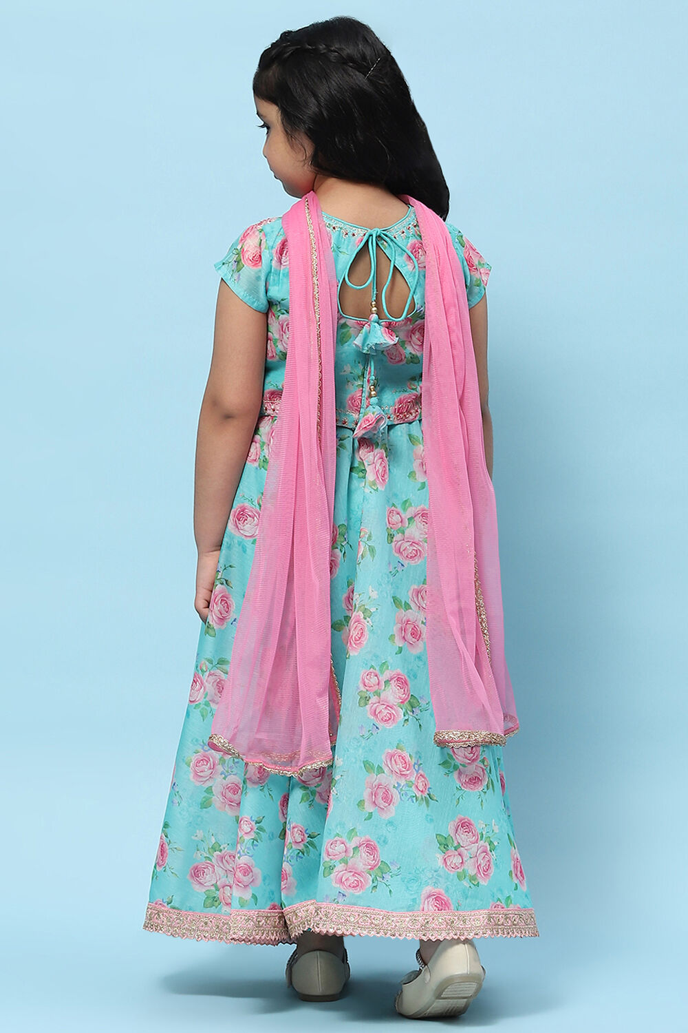 Blue Poly Chanderi Floral Printed Flared Lehenga Set image number 5