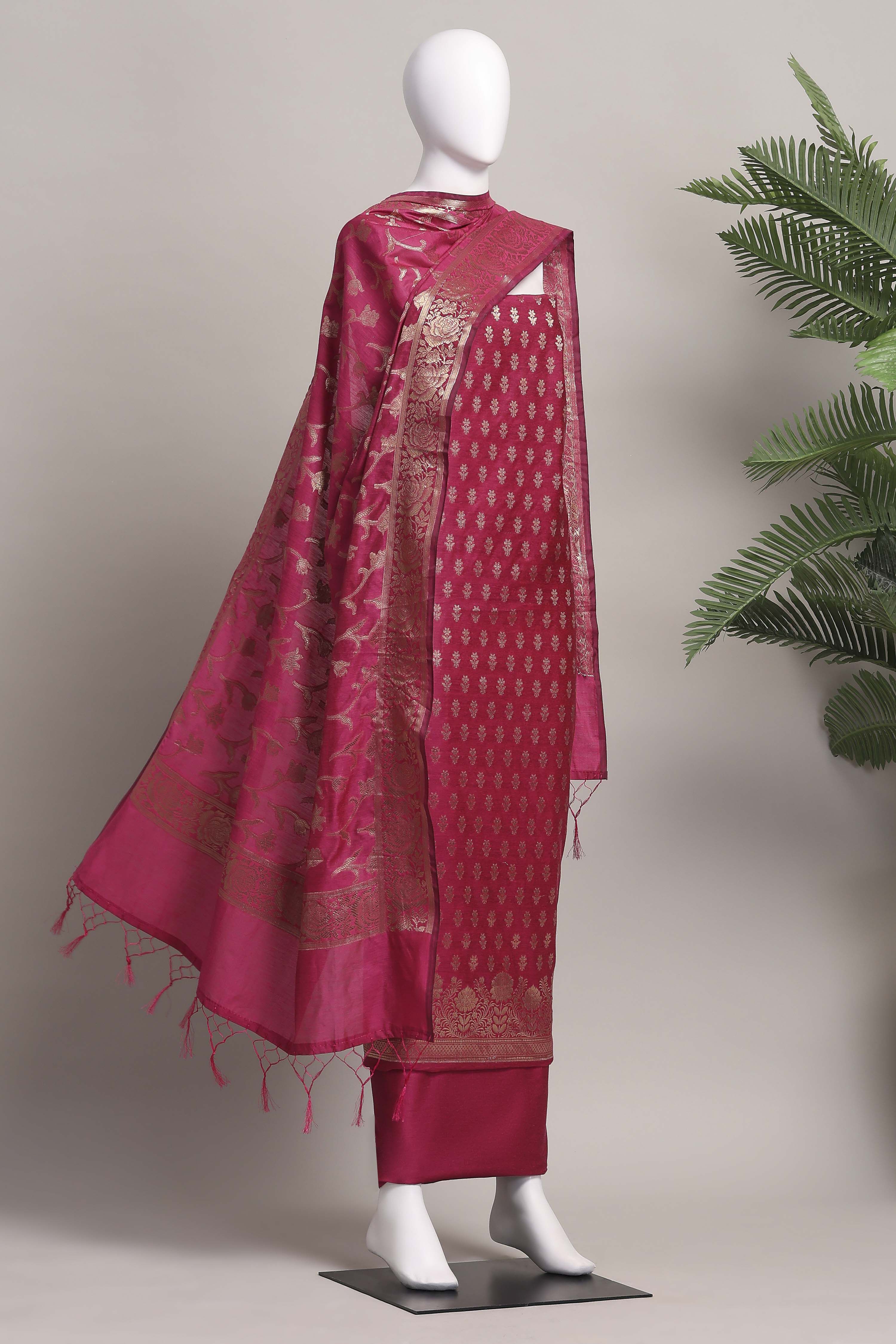 Rani Banarasi Chanderi Banarasi Print Unstitched Suit Set image number 4