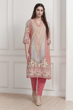 Red Cotton Printed Straight Kurta