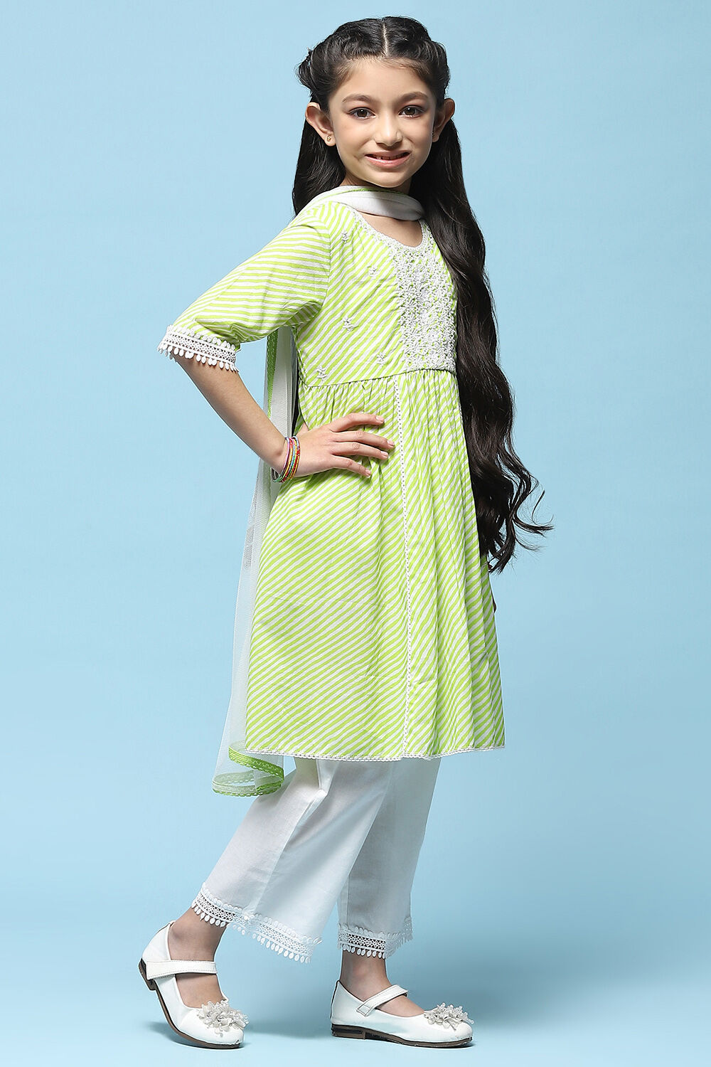 Green Leheriya Cotton Kurta With Palazzo & Net Dupatta image number 6