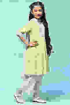 Green Leheriya Cotton Kurta With Palazzo & Net Dupatta image number 6