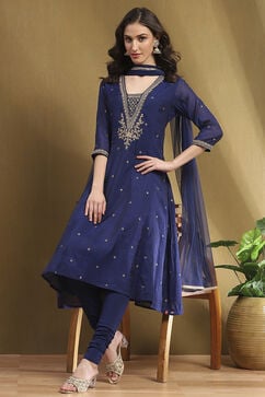 Navy Blue Embroidered Festive Kalidar Suit Set image number 0