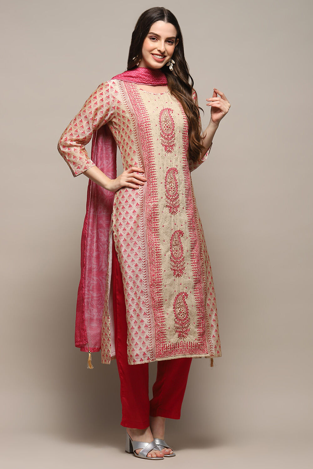 Beige Pink Chanderi Unstitched Suit set image number 7