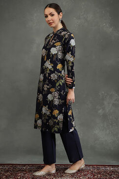 Rohit Bal Indigo Silk Chanderi Floral Printed Straight Kurta Set image number 3