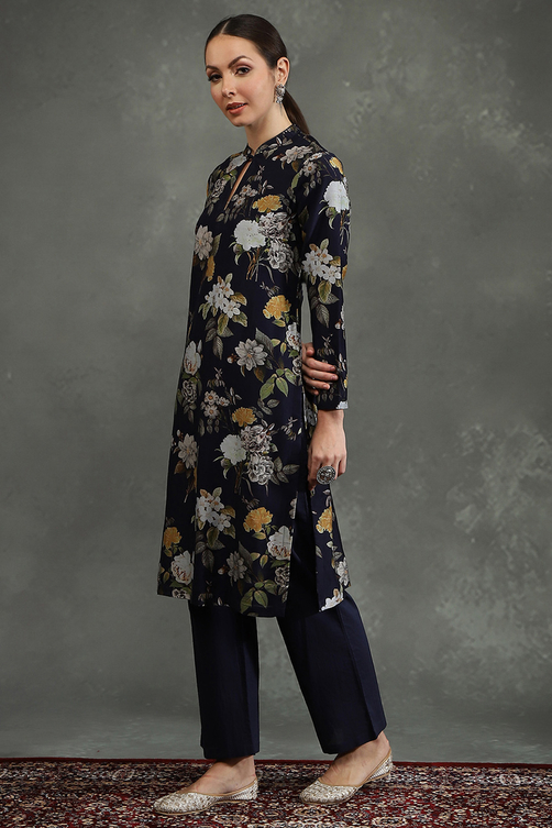 Rohit Bal Indigo Silk Chanderi Floral Printed Straight Kurta Set image number 3
