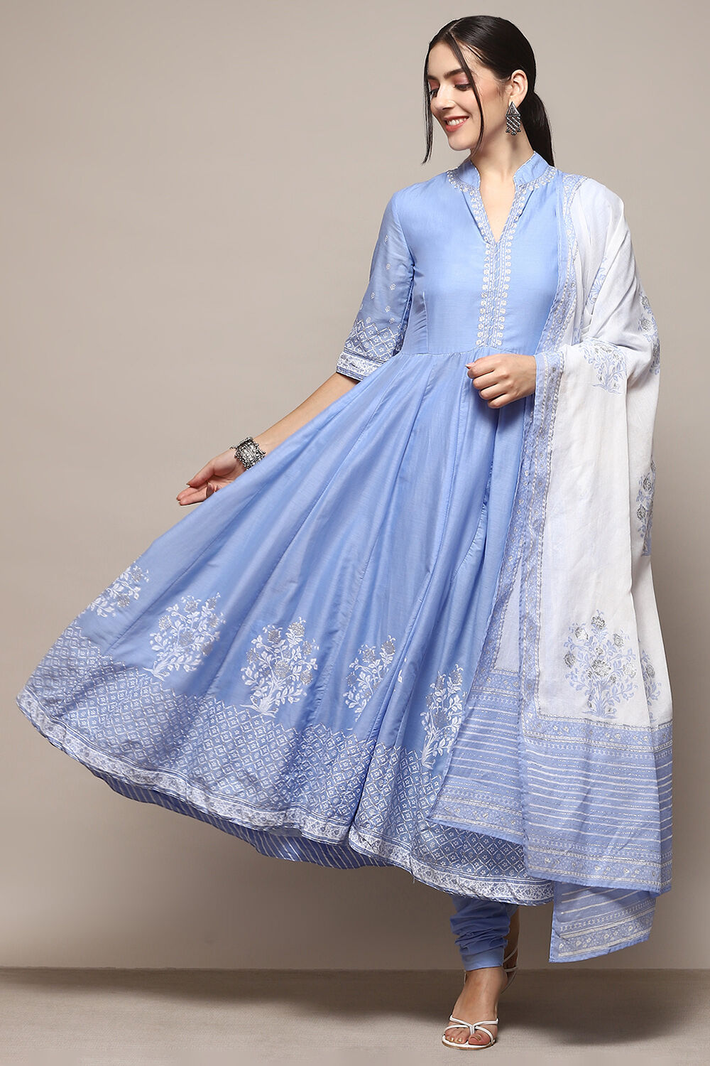 Black Cotton Anarkali Printed Kurta Churidar Suit Set image number 0