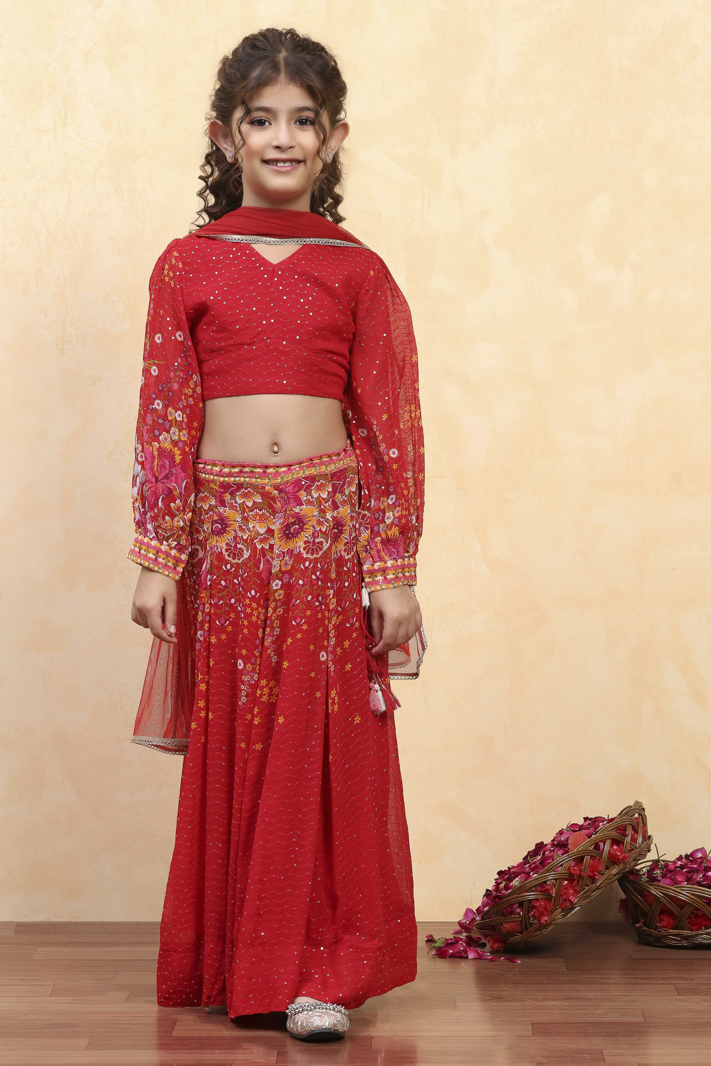 Red Viscose Rayon Printed Kalidar Lehenga Set image number 6