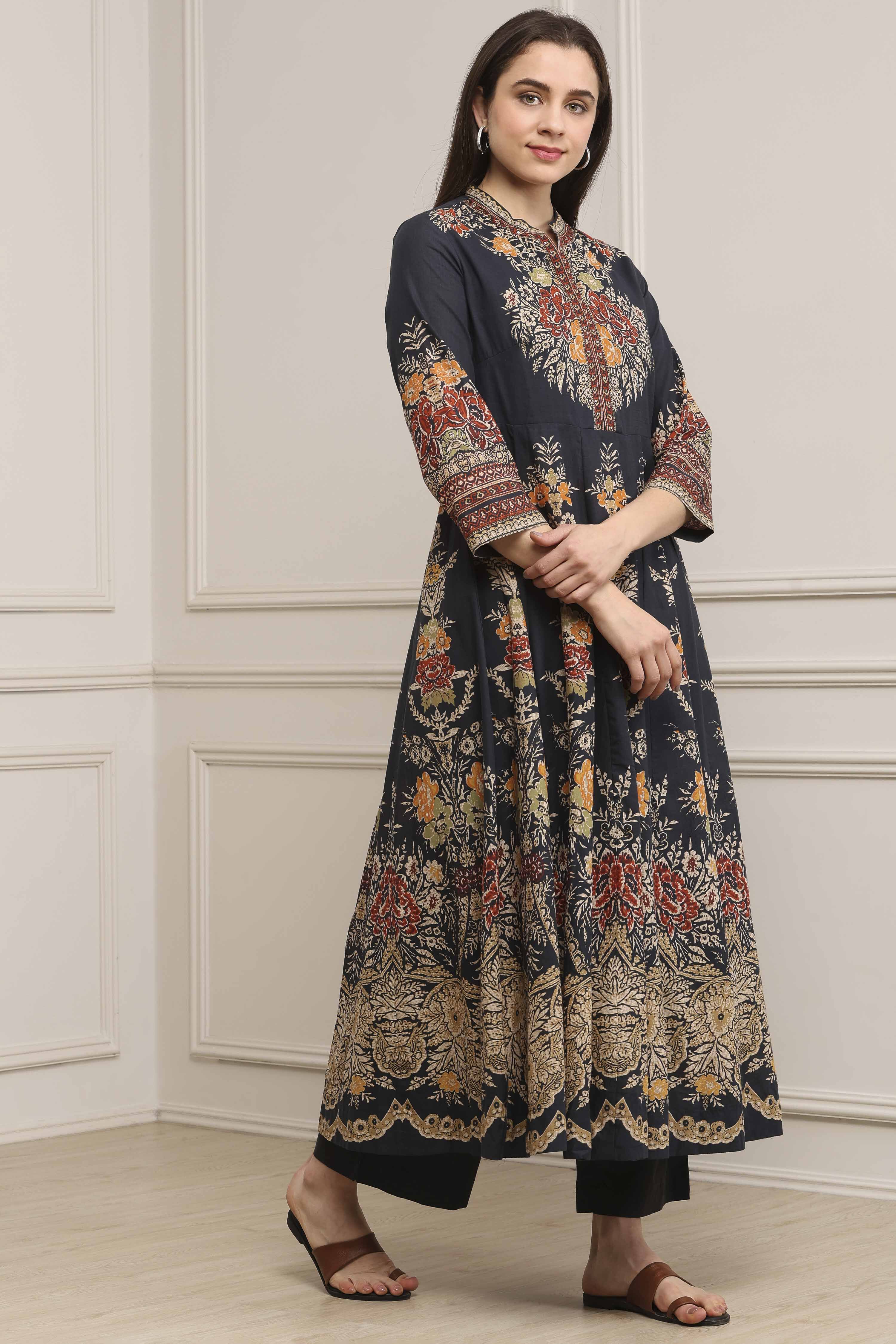 Charcoal Cotton Kalidar Printed Kurta Pants Set image number 5