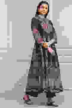 Charcoal Cotton Kalidar Printed Kurta Pants Set image number 5