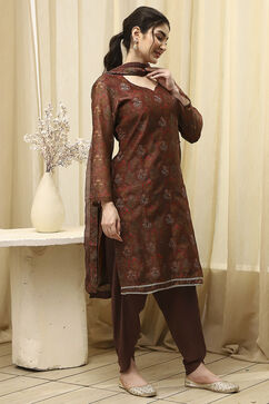 Brown Chanderi Printed Embroidered Unstitched Suit Set image number 6