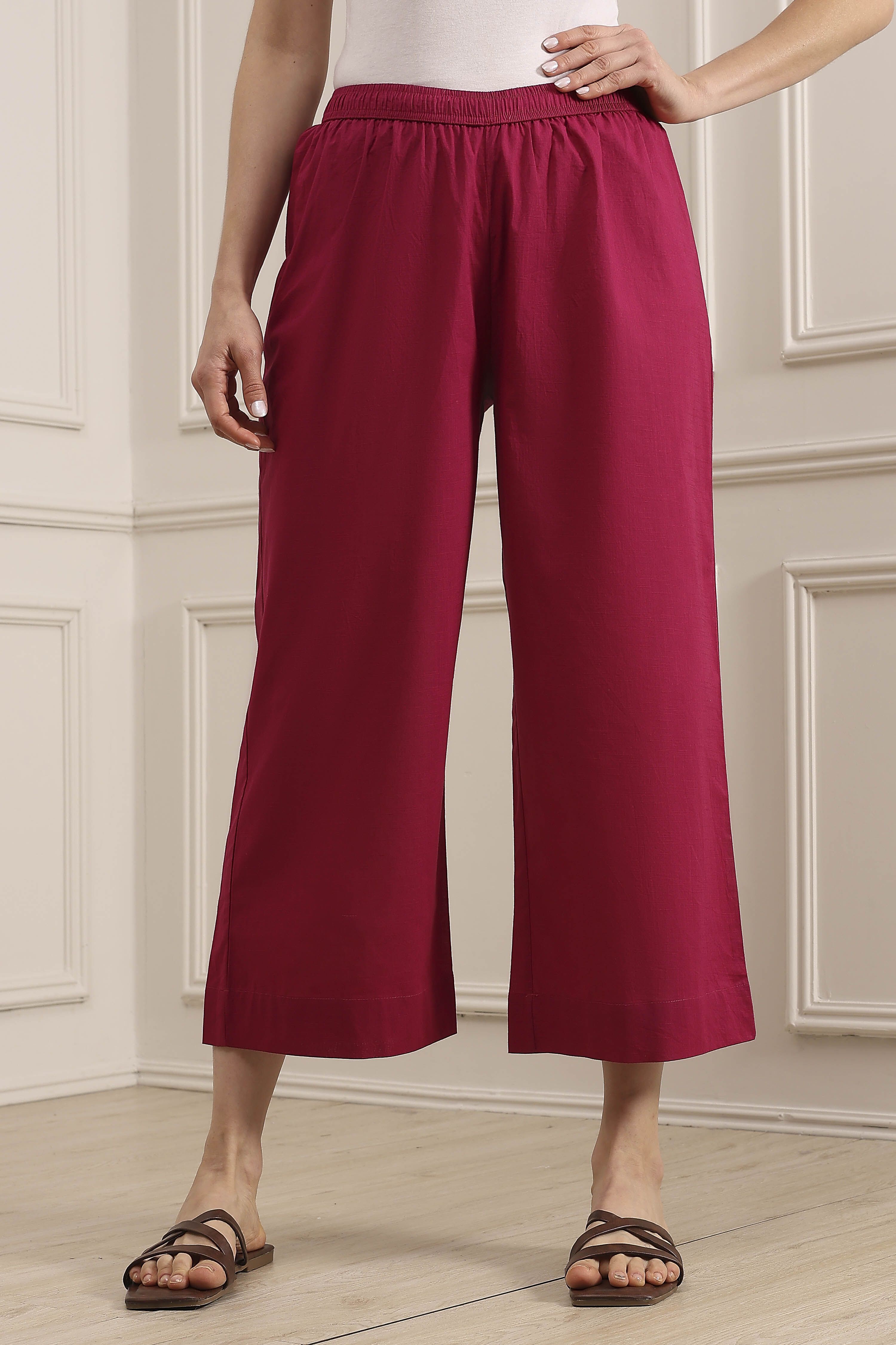 Pink Cotton Straight Palazzos image number 4