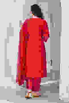 Red Yard-Dyed Chanderi Kurta & Pants Suit Set image number 4