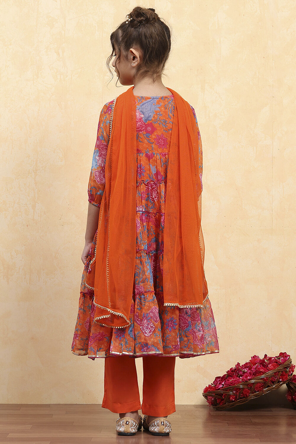 Orange Floral Printed Tiered Suit Set image number 4