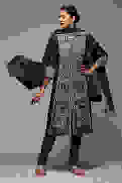 Navy Blue Cotton Blend Straight Kurta Churidar Suit Set image number 0