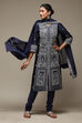 Navy Blue Cotton Blend Straight Kurta Churidar Suit Set