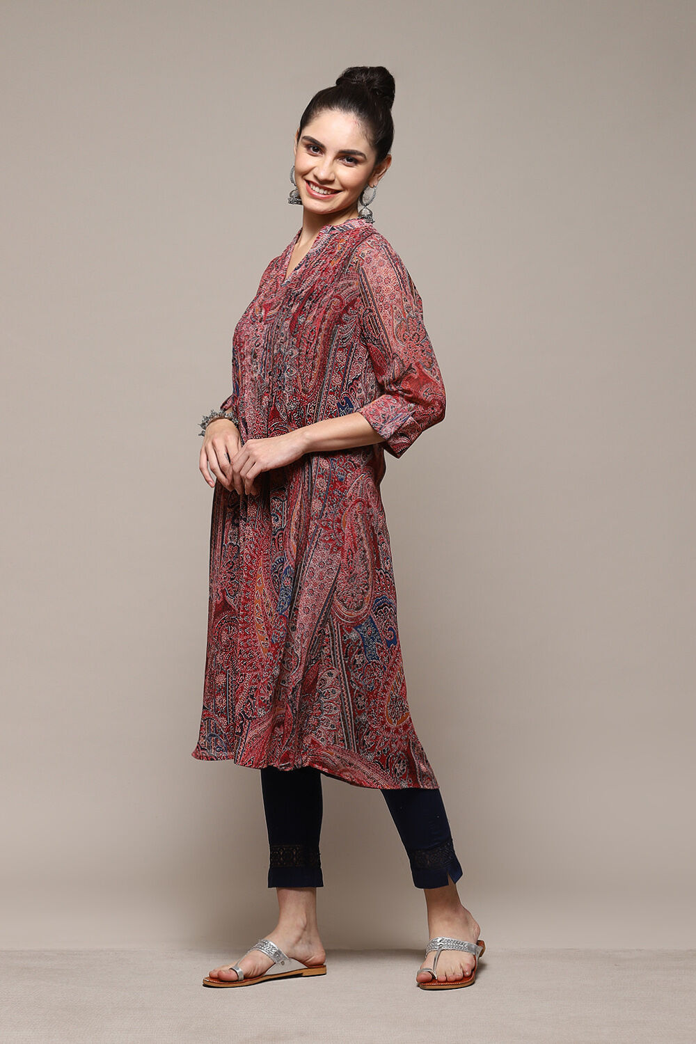 Peach & Blue Polyester Straight Printed Kurta image number 3