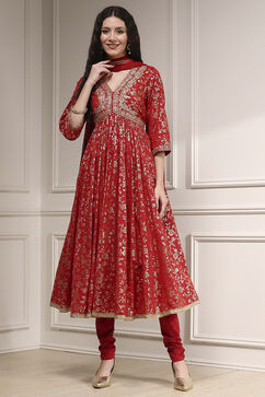 Red Cotton Anarkali Printed Suit Set image number 6