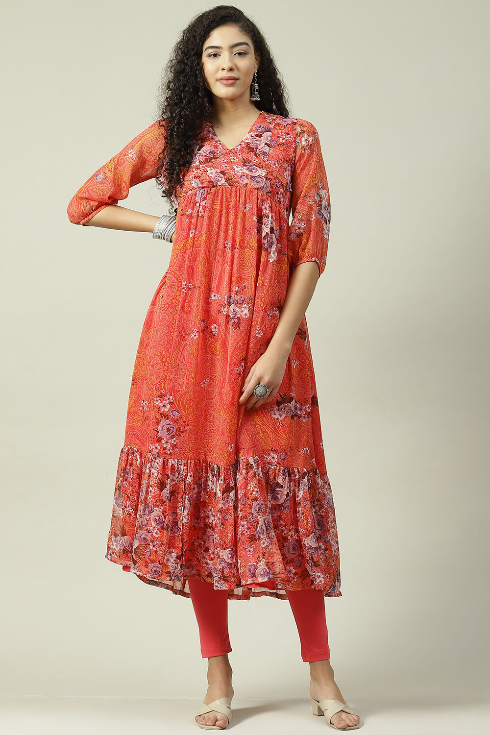 Coral Viscose Flared Kurta Set image number 0