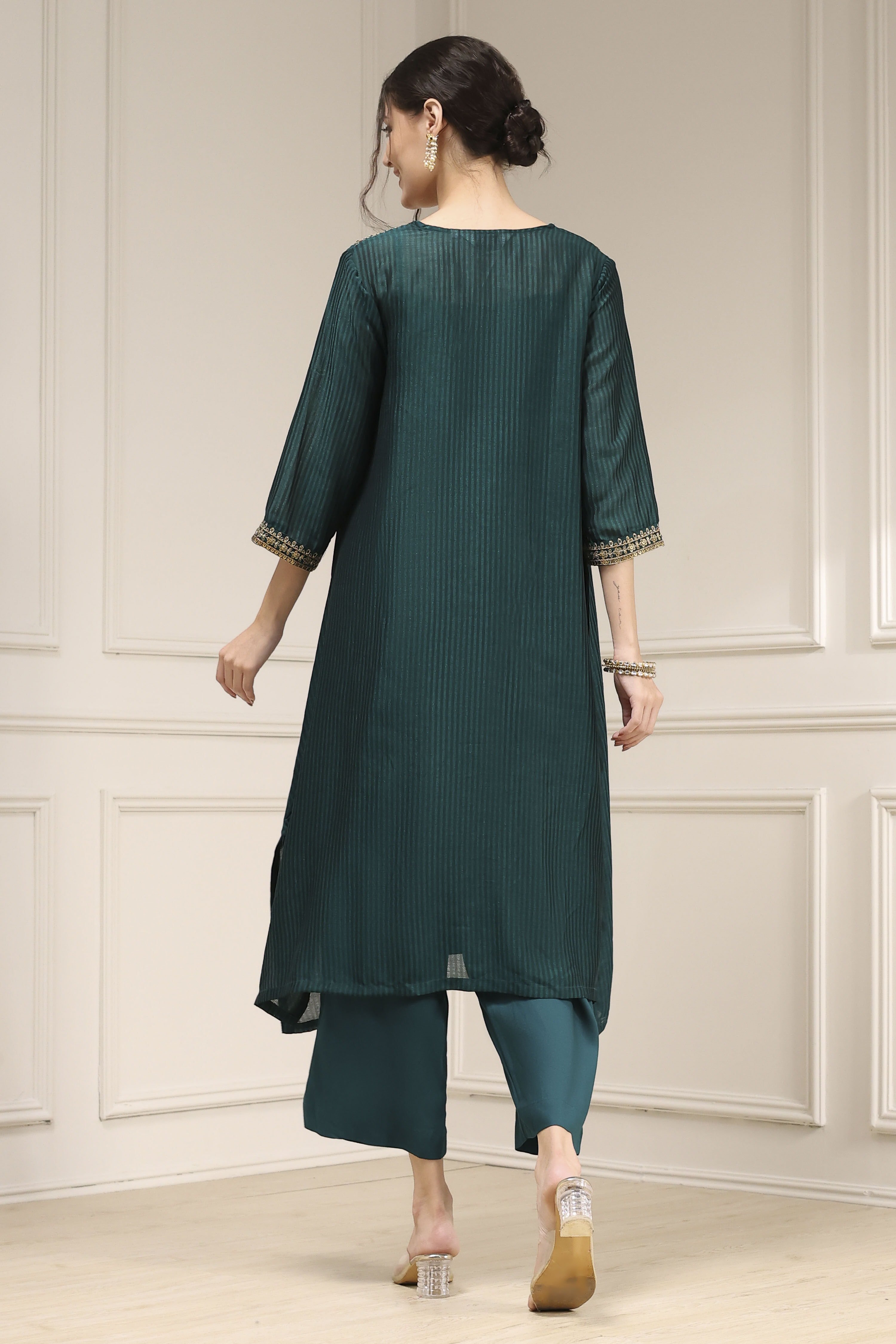 Green Striped Straight Suit Set image number 4