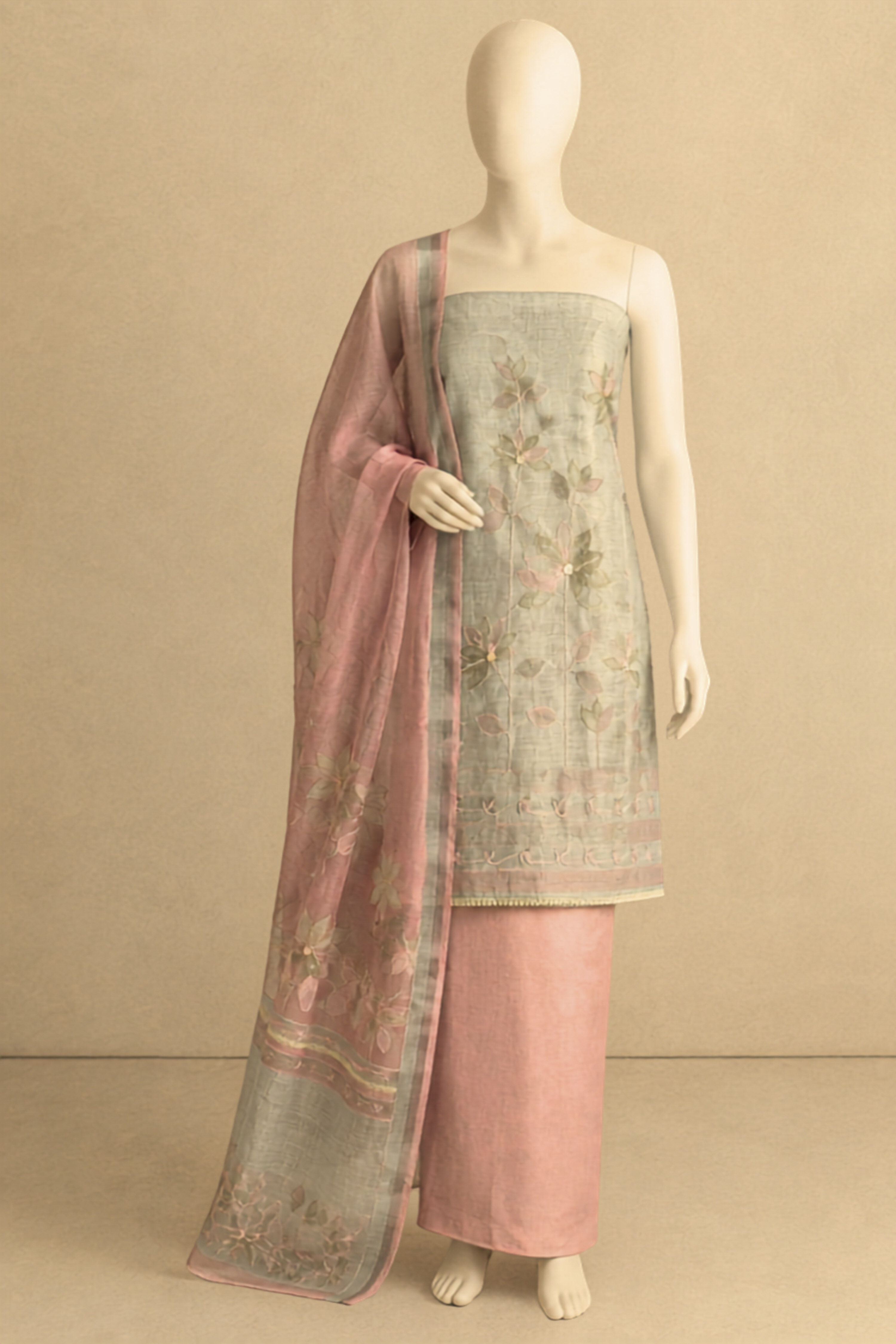 Peach Linen Printed Unstitched Suit Set image number 4
