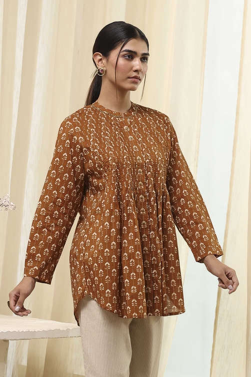 Mustard Brown Cotton Printed Shirt image number 4