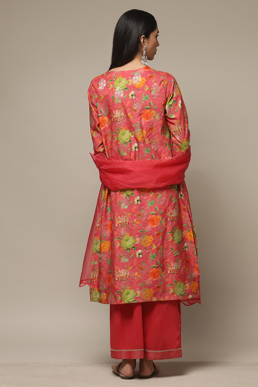 Coral Pink Cotton Blend Straight Kurta Pants Suit Set image number 2