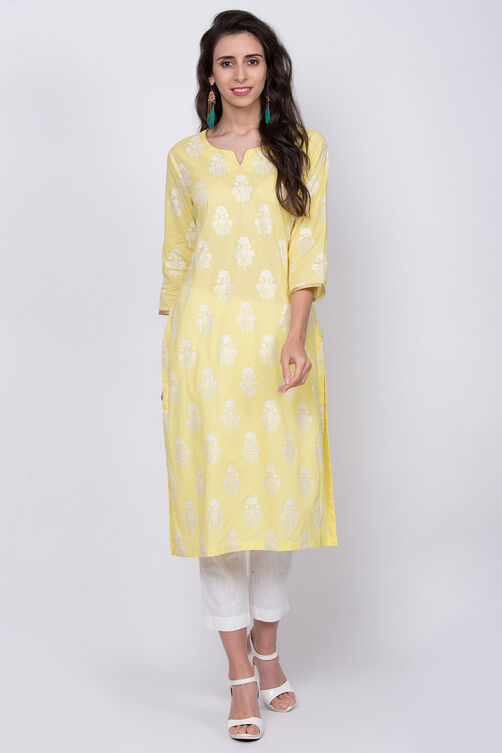 Lime Yellow Cotton Straight Printed Kurta image number 0