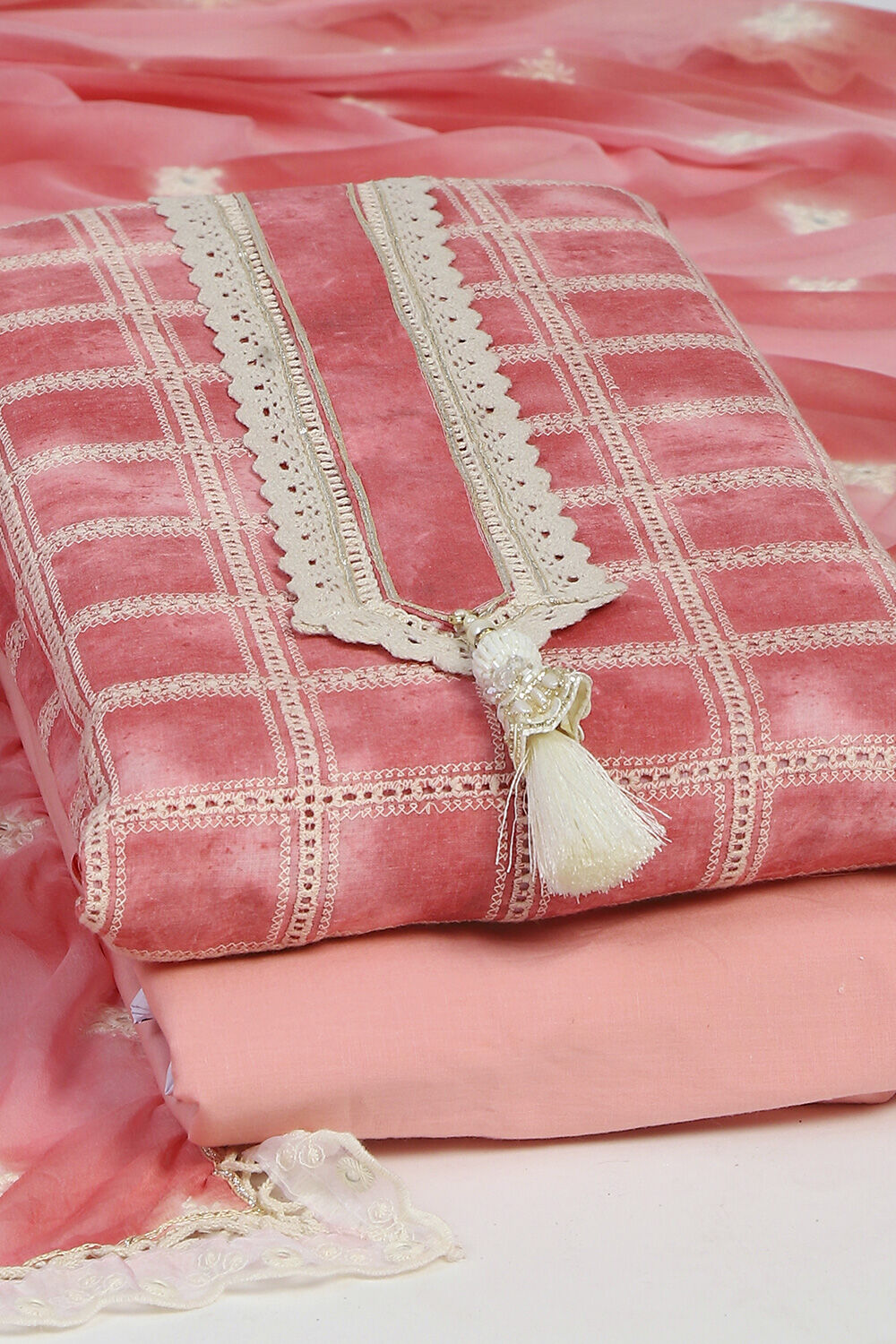 Pink Cotton Schiffly Unstitched Suit Set image number 5