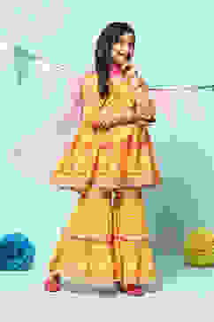 Yellow Cotton Gathered Printed Kurta Sharara Suit Set image number 4
