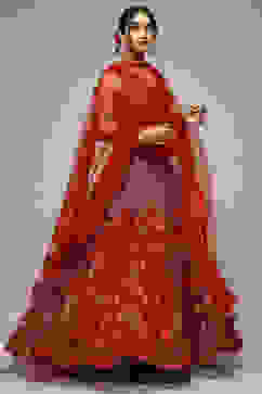 Red Nylon Embroidered Lehenga Set image number 0