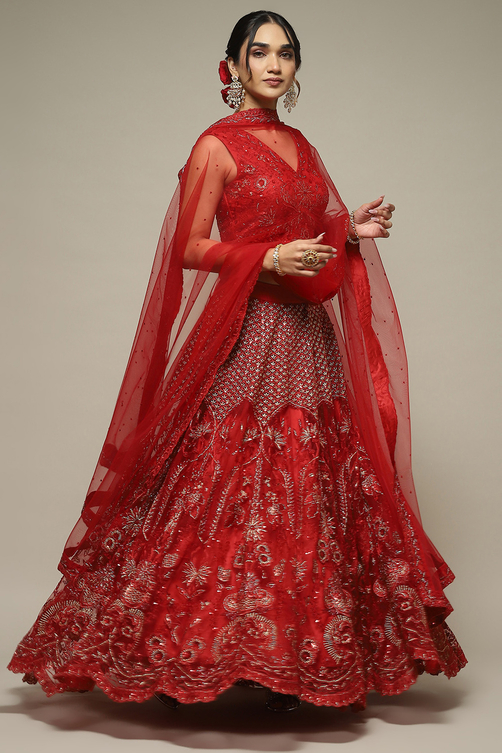 Red Nylon Embroidered Lehenga Set image number 0