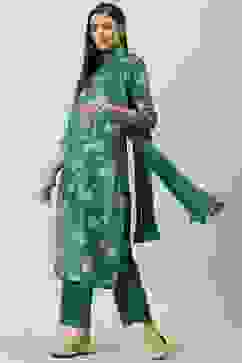 Peacock Green Printed Straight Kurta Regular Pants Suit Set image number 0