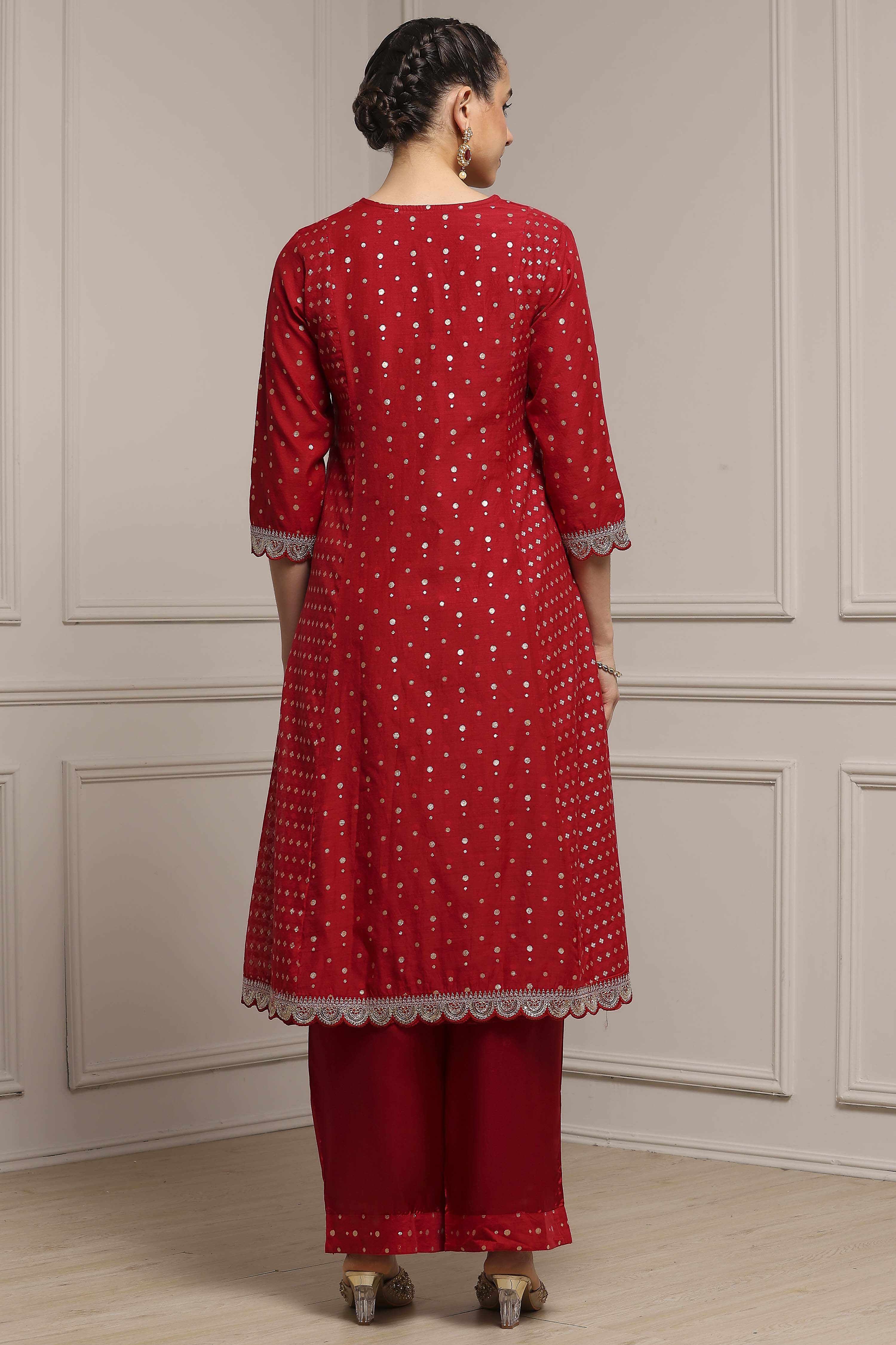 Red Cotton A-Line Yarndyed Suit Set image number 4