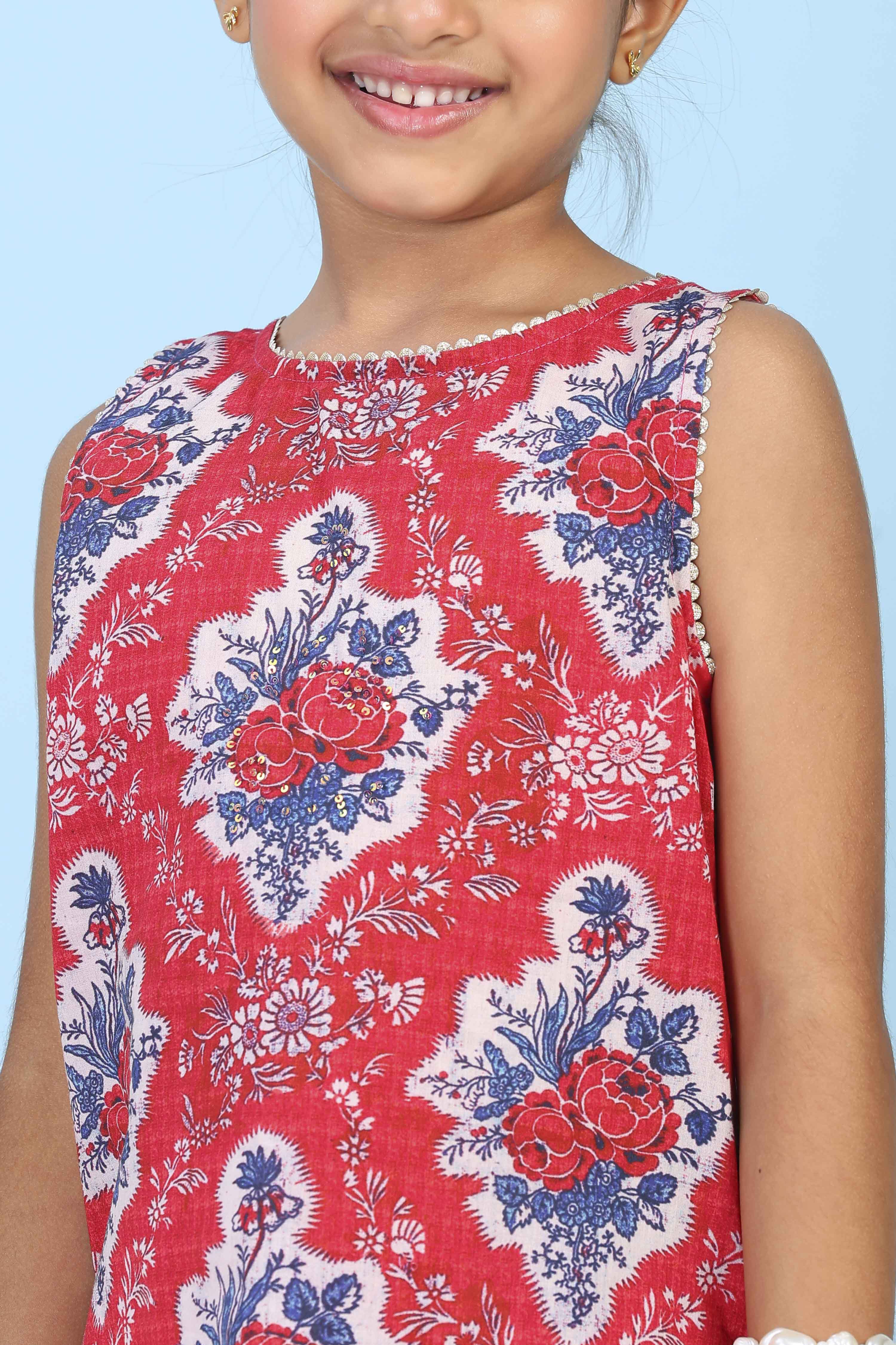 Red Cotton Printed Straight Suit Set image number 1