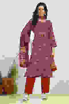 Red Cotton Printed Embroidered Unstitched Suit Set image number 7