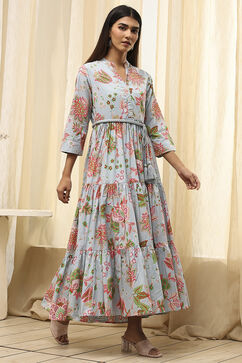 Light Blue Cotton Floral Tiered Dress image number 3