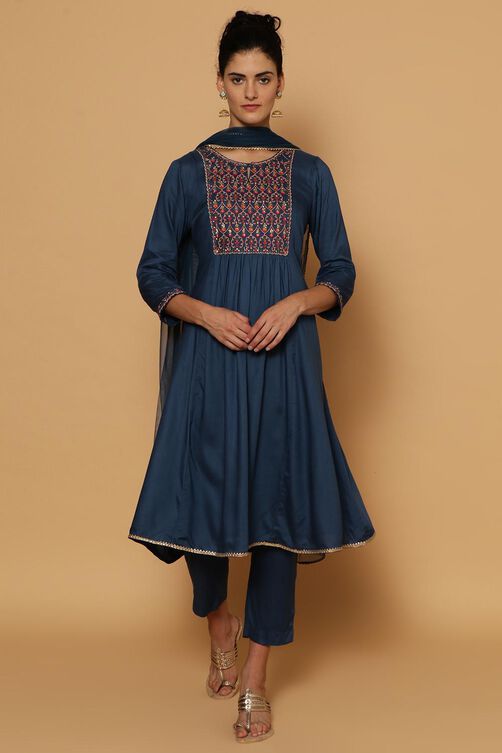 Blue Rayon Kalidar Kurta Pants Suit Set image number 3