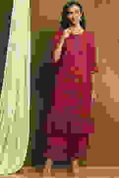 Fuchsia Cotton Printed A-Line Kurta Set image number 6