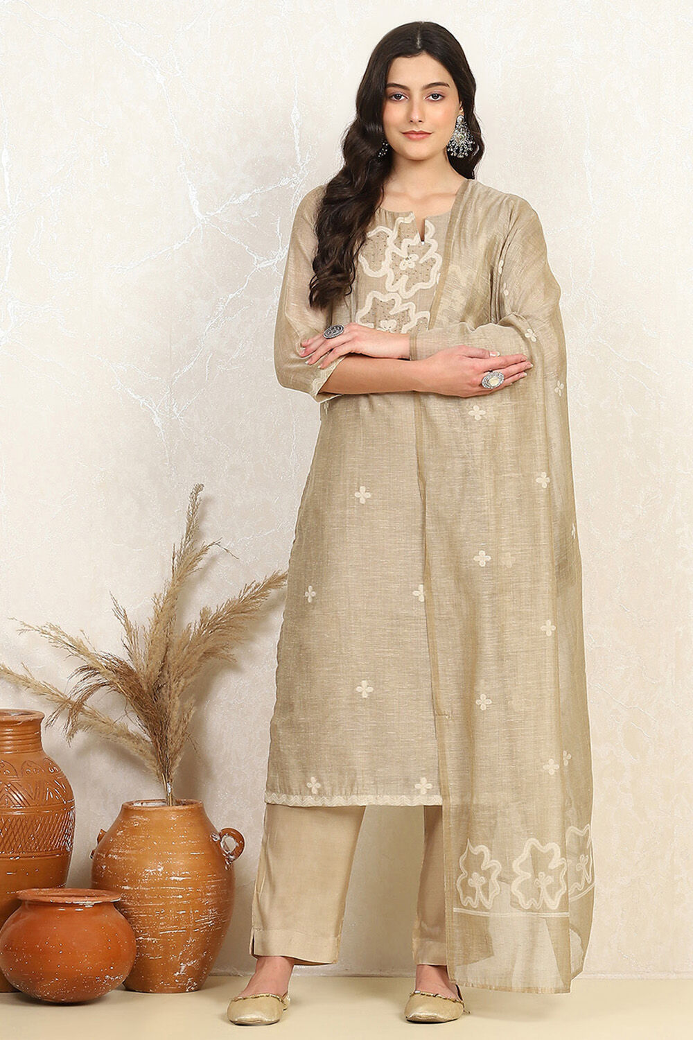 Beige Chanderi Hand Embroidered Unstitched Suit Set image number 7